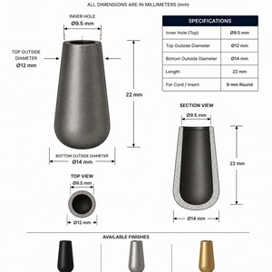 Technical dimension diagram of brass cord end cap for 9mm round leather cord showing 9.5mm inner hole and 22mm length