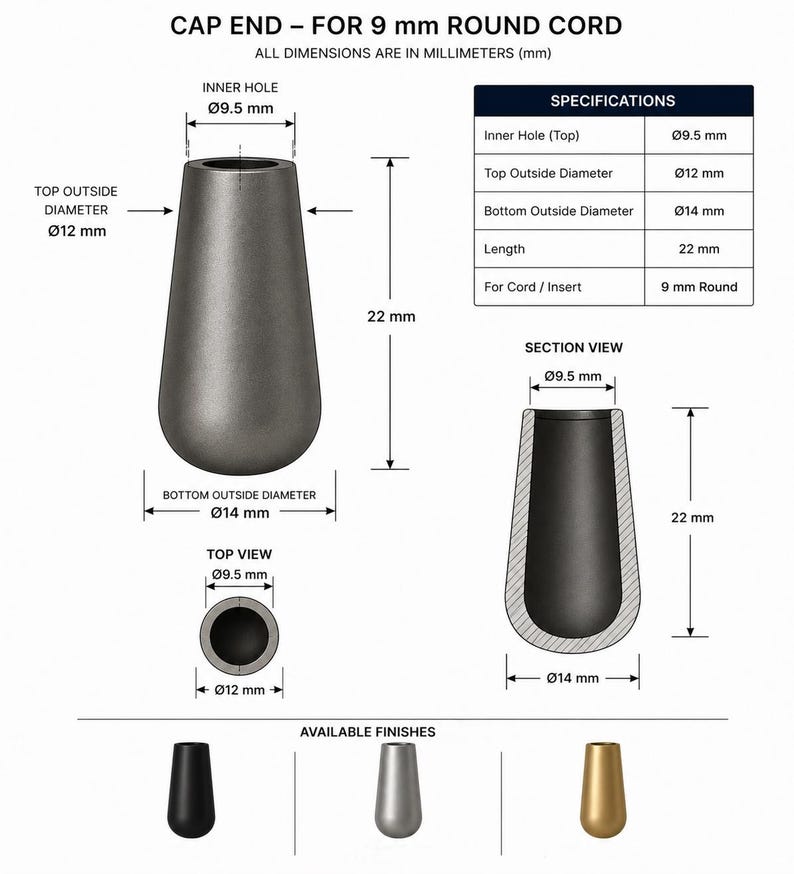 Technical dimension diagram of brass cord end cap for 9mm round leather cord showing 9.5mm inner hole and 22mm length
