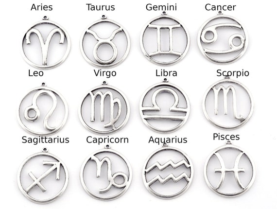 Antique Silver Plated Zodiac Charms, Horoscope Symbols (32x29mm) -5020