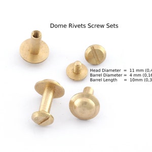 Può includere: Set di viti a rivetto a cupola in ottone con testa a cupola, fusto filettato e testa a vite a fessura. Il diametro della testa è di 11 mm (0,43 pollici), il diametro del fusto è di 4 mm (0,16 pollici) e la lunghezza del fusto è di 10 mm (0,39 pollici).