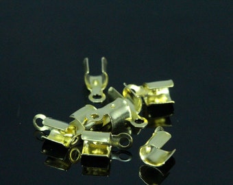 Raw Brass Fold Over Cord End Tips, 4mm Leather Crimp Findings -1918