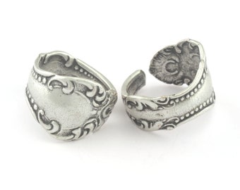 Adjustable Spoon Ring Flower Patterned Ring Antique Silver Plated Brass  (18mm 8US inner size) OZ3221