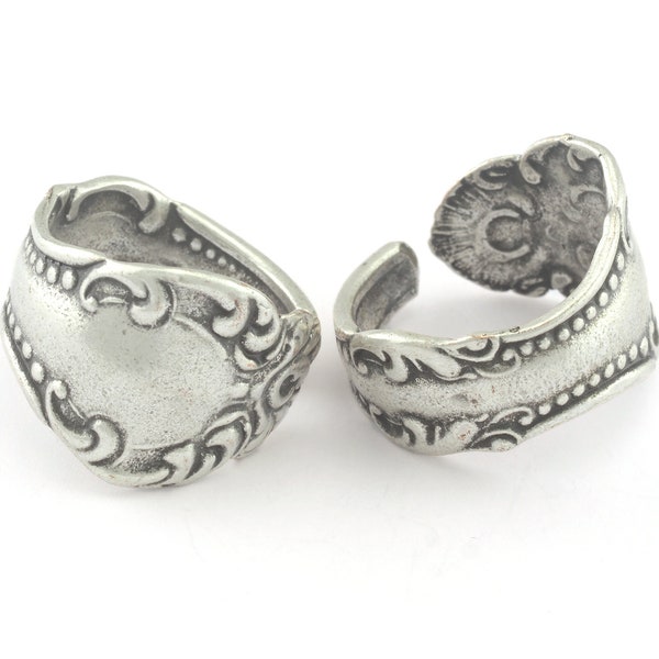 Adjustable Spoon Ring Flower Patterned Ring Antique Silver Plated Brass  (18mm 8US inner size) OZ3221