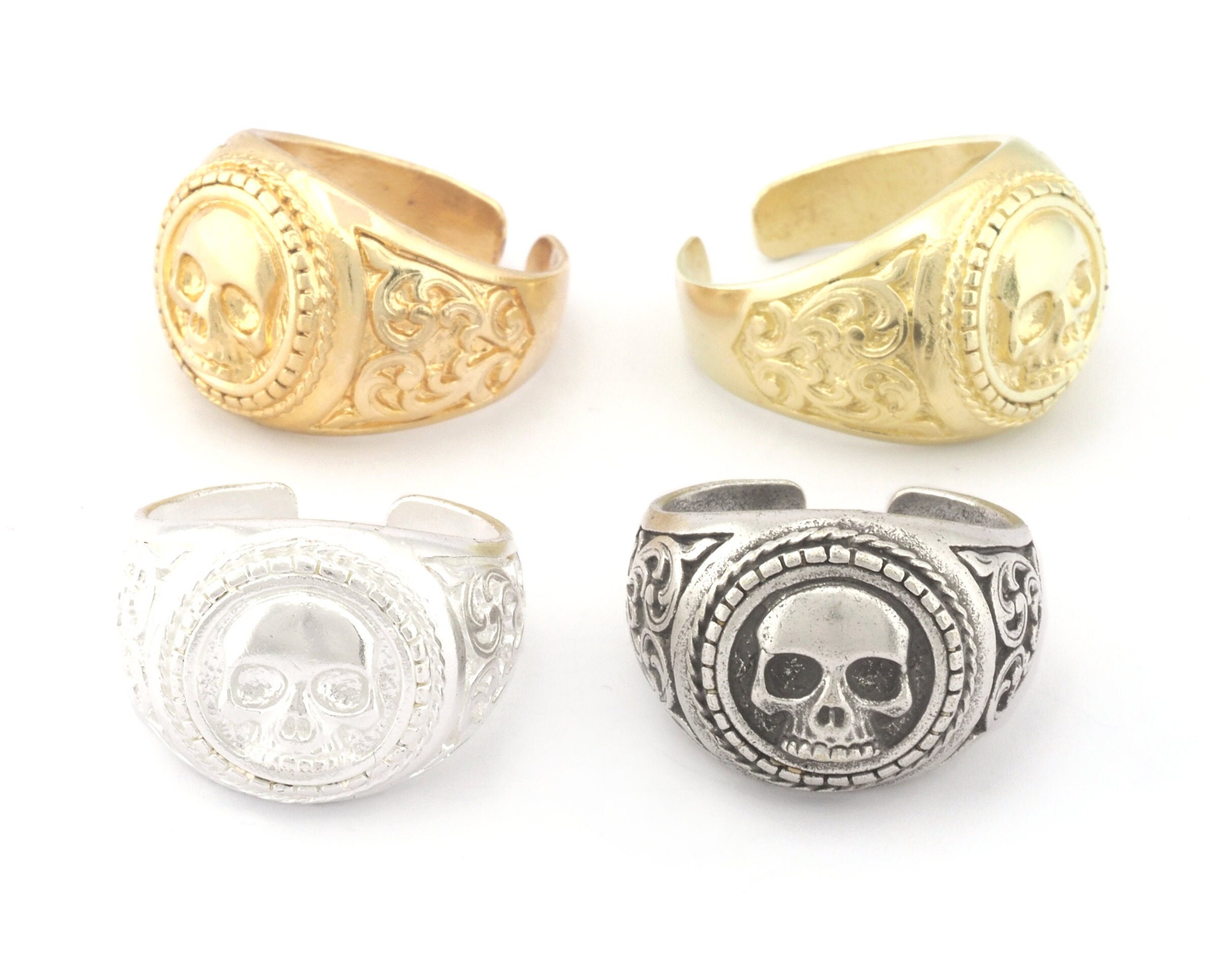 Skull Signet Adjustable Ring Raw Brass  - Antique silver - Shiny silver - Shiny gold Plated  (9US - 12US inner size) 4732
