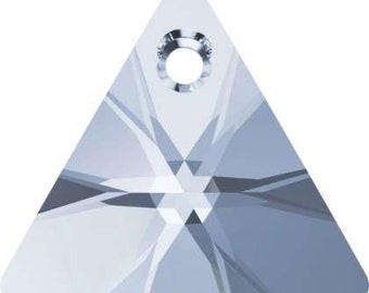 May include: A clear crystal triangle pendant with a hole in the top for stringing. The pendant has a faceted design.