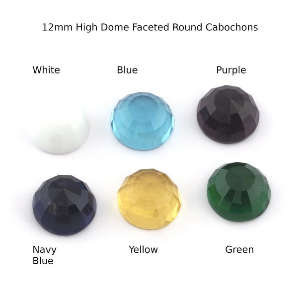 Faceted Glass High dome Round Cabochon 12mm Flat Back White, Blue, Purple, Navy Blue, Yellow, Green CAB64