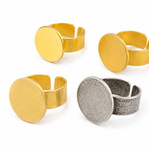 18mm Adjustable Ring Blank, Round Cabochon Ring Setting, Brass Ring Base, Raw Brass, Gold Plated, Antique Silver, Matte Gold, -3953