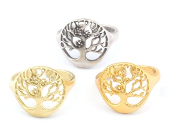 Ring Life Tree Adjustable Ring Bezel Raw Brass , Antique silver, Shiny gold plated (16.5mm 6US inner size - Adjustable ) OZ397