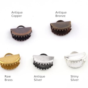 Ribbon crimp ends  Raw brass, Antique Silver, Shiny Silver, Antique Bronze Copper  semi circle , with loop findings 12.5x15mm 1880