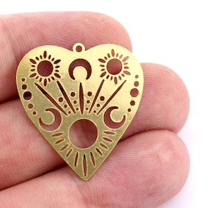 Heart Crescent moon sun charms pendant Raw Brass, 30x28mm 0.6 mm 1 hole 4930
