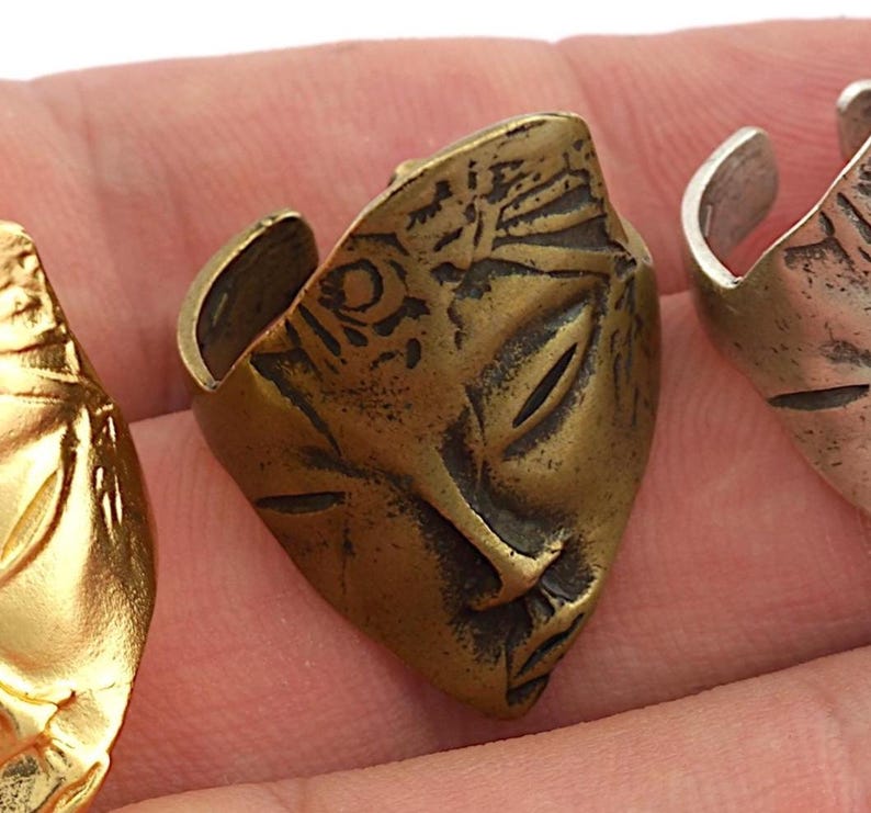 Bague visage mythologique - Laiton brut, argent vieilli, plaqué or -3697 Antique Bronze