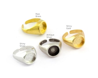 Adjustable Signet Ring, Raw Brass, Antique Silver, Shiny Finish, 10mm Base 1613