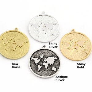 Colgante de dijes de mapa mundial - Latón crudo - Plata antigua - Plata brillante - Oro brillante 30x27mm 3642