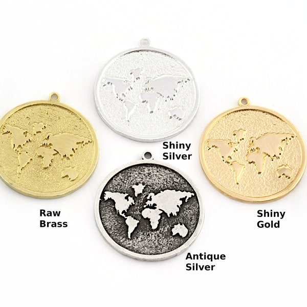 World Map Charms Pendant - Raw Brass - Antique Silver - Shiny silver - Shiny gold  30x27mm 3642