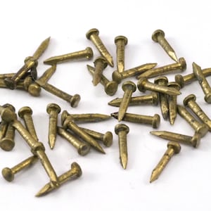 May include: A pile of small, gold-colored tacks or nails. The tacks are scattered on a white surface.