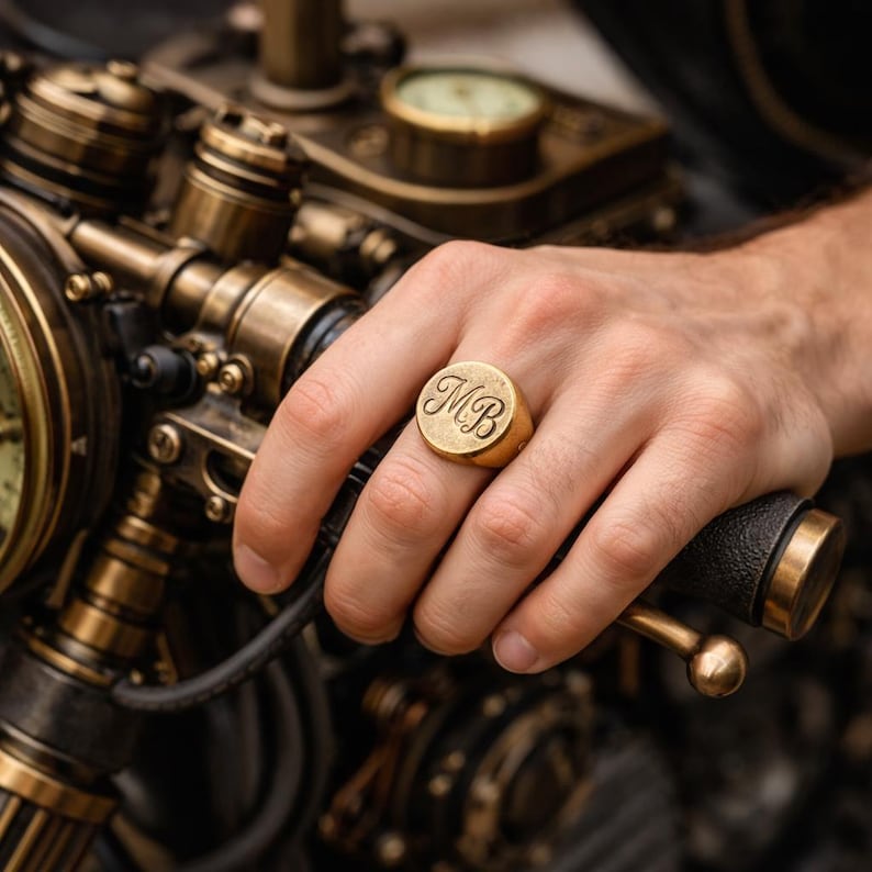 May include: A gold signet ring with the initials "MB" engraved in a cursive font. The ring is round and worn on a finger. The background features brass-colored machinery.