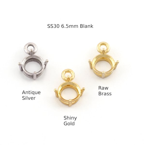 Round Charms Prong Rhinestone Blank Setting Raw Brass, Shiny gold, Antique silver, Shiny silver Pendant 6.5mm 5501