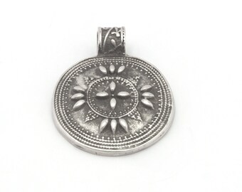 Ethnic round medallion pendant Antique silver plated brass 36x27mm 4323