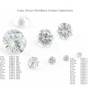 May include: Cubic Zircon PointBack Chaton Cabochons in various sizes. The image displays several clear, faceted cubic zirconia stones, ranging from 1.3 mm to 14 mm in diameter, with corresponding inch measurements and SS sizes.