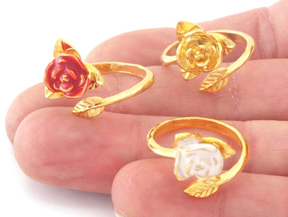 Buy Rose Leaf Flower Ring Red or White Enamel Adjustable Gold Plated Brass  7US 9US Inner Size OZ4744 Online in India - Etsy