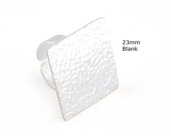 Square Hammered Adjustable Ring Blank Bezel Base - Shiny Silver Plated Brass (23mm Blank ) 4934