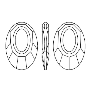 May include: A black and white line drawing of a faceted oval crystal with a pointed top. The crystal is shown from three different angles: front, side, and back.