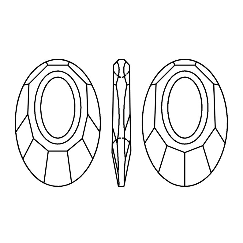May include: A black and white line drawing of a faceted oval crystal with a pointed top. The crystal is shown from three different angles: front, side, and back.