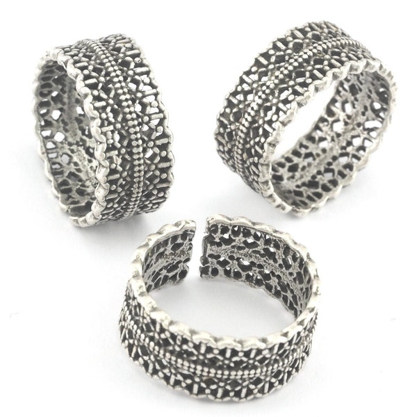 Band Filigree Textured Adjustable Ring Antique silver plated Brass  (16-18mm 5.5-8US inner size) OZ3955