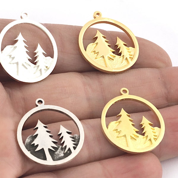 Tree Charms Pendant - Raw Brass - Antique Silver - Shiny silver - Shiny gold  25x21mm 5358