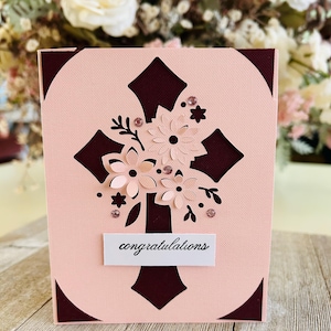 Pop Up First Holy Communion Card: Pink and Burgundy. Congratulations. Swarovski Crystal Accents