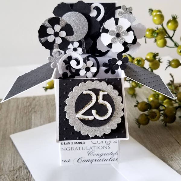 Happy Anniversary. 25th Silver Anniversary.Ready to Ship. Classic Greeting Card. Explosion box card. Pop up card in a box.