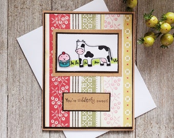 Great Friend Greeting Card. On the Farm Pun Greeting Card. You're Udderly Sweet! Cute Farmer Cupcake and His Cow. Kindness and Friendship
