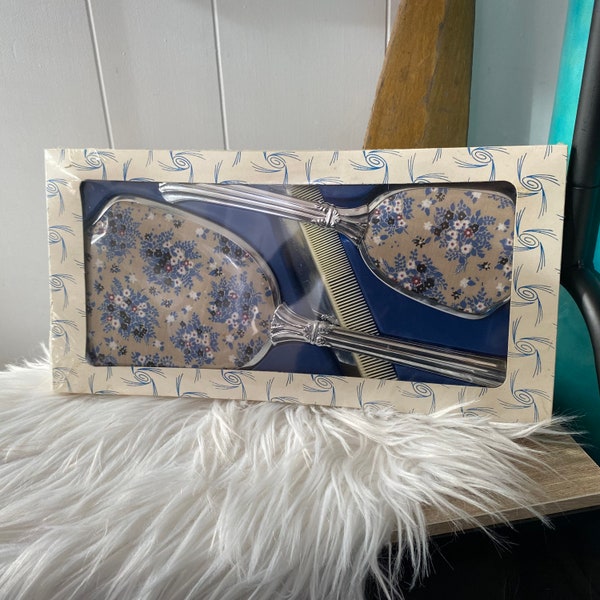 Vintage Ausco Canada Floral Vanity Set New Old Stock In Box Mirror Brush Comb Cottagecore Flowers Rare Boho Prairie Fabric Silver Blue Retro