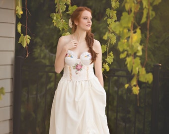 Rose Red Wildflower Wedding Gown, Rose Red Storybook Romance Bridal Gown, Embroidered Rose Corset Wedding Dress