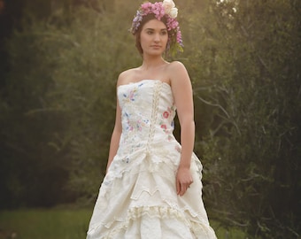 Embroidered Wildflower Wedding Gown~ Handmade Bohemian Embroidered Bridal Gown~  Embroidered Wedding Corset Gown, Unique  Linen & Lace Dress