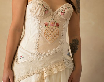 Wild Dusty Rose Embroidered Wedding Corset~French Provincial Embroidered Corset ~Bohemian Luxe Corset~