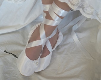 White Satin Ballet Bridal Shoes, White Ballerina Bridal Slipper,White Flat Wedding Ballet Shoe, Wedding Dance Slipper