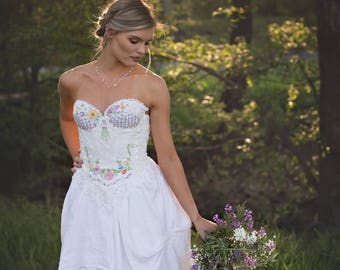 Wildflower Embroidered Wedding Corset Dress ~ Wildflower Beaded Embroidered Wedding Gown ~ Unique Beaded Bridal Corset ~ Woodland Gown