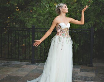 Woodland Wildflower Wedding Gown~ Embroidered Botanical Bridal Gown~ Butterfly Bridal Gown~Embroidered Alternative Wedding Gown