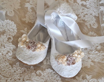 White Princess Bridal Ballet Shoes with Off White Embellishments, White Lace Bridal Ballerina Slipper, Flat Wedding Shoes, Bridal Flat Shoe