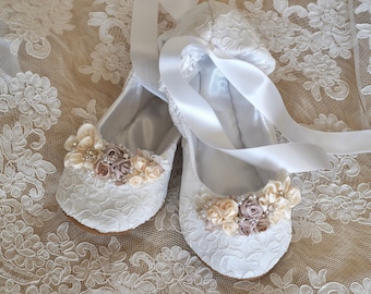 White Princess Bridal Ballet Shoes with Off White Embellishments, White Lace Bridal Ballerina Slipper, Flat Wedding Shoes, Bridal Flat Shoe