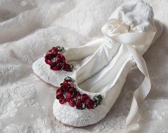 Princess Bridal Ballet Slipper with Red Roses~ Red Lace Ballerina Wedding Slippers~Red Roses for the Bride ~Scarlet Lace Bridal Ballet Shoes