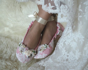 Reinessance Princess Ballerina Bridal Slipper, Rose Ballet Style Bridal Shoe,  Customized Wedding Shoe,  Elegant Bridal Ballet Slipper
