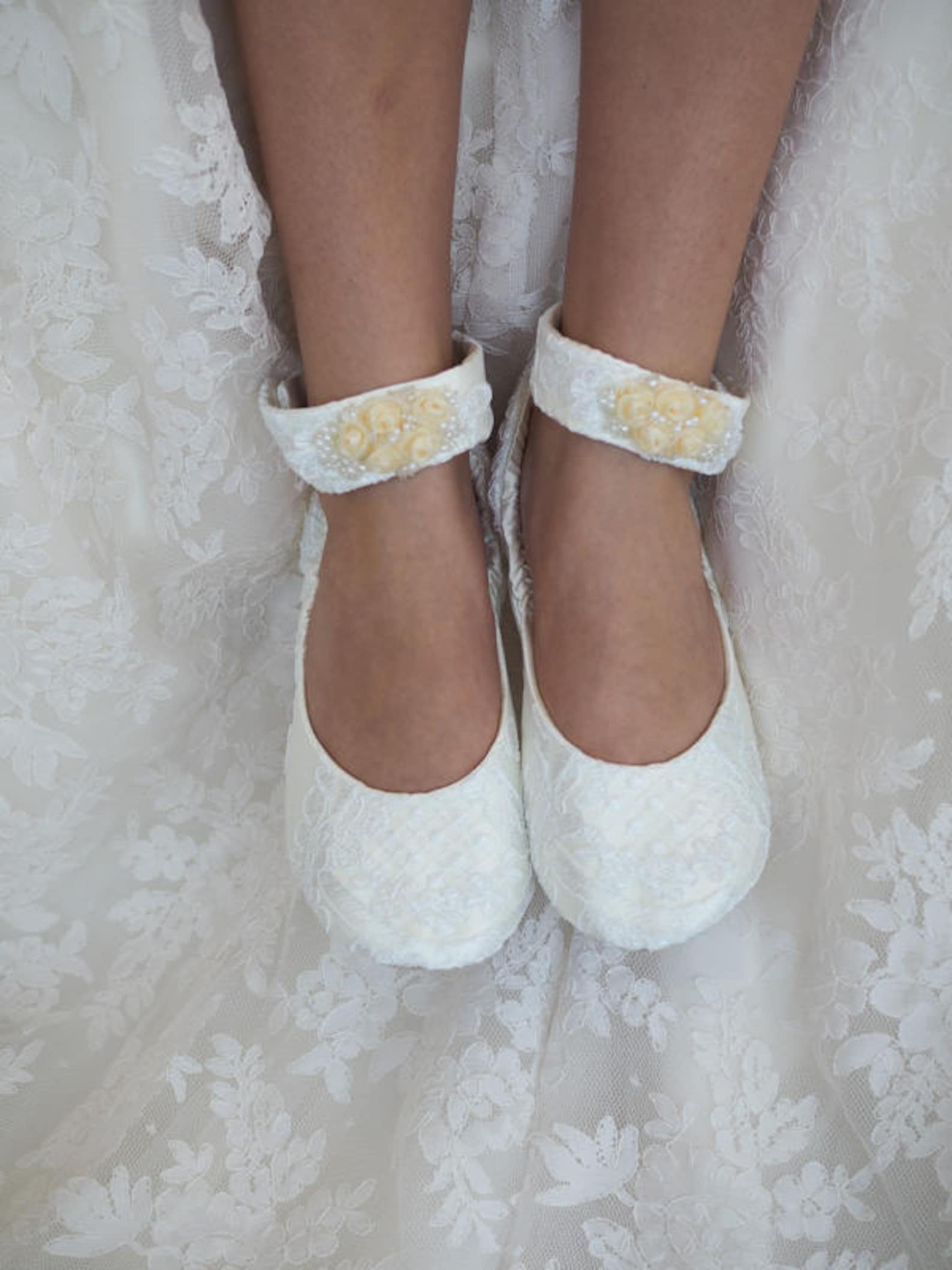 ivory lace bridal ballet shoe with ivory rosettes~ custom wedding ballet flat with embellished ankle straps~ lace ballet bridal