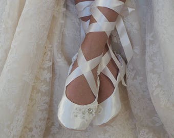 Satin Bridal Ballerina Slipper with Lace and Rhinestone Embellishments~ White Satin Ballet Wedding Shoe~ Elegant Bridal Flat