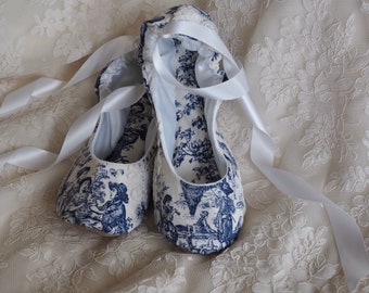 Blue Toile Love Birds Bridal Ballet Slipper  ~ T oile de jouy Ballet Wedding Shoes~ French Chic Blue Ballerina Shoe, Blue Bird Bridal Flat