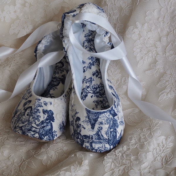 Blue Toile Love Birds Bridal Ballet Slipper  ~ T oile de jouy Ballet Wedding Shoes~ French Chic Blue Ballerina Shoe, Blue Bird Bridal Flat