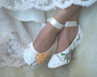 Autumn Princess Bridal Ballet Slipper, Vintage Embroidered Ballet Wedding Shoes,