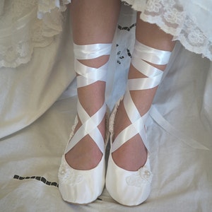 White Satin Ballet Bridal Shoes, White Ballerina Bridal Slipper,White Flat Wedding Ballet Shoe, Wedding Dance Slipper image 2