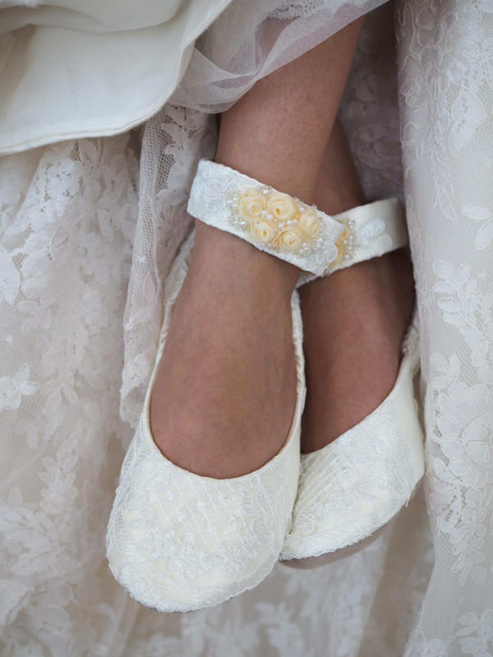 ivory lace bridal ballet shoe with ivory rosettes~ custom wedding ballet flat with embellished ankle straps~ lace ballet bridal